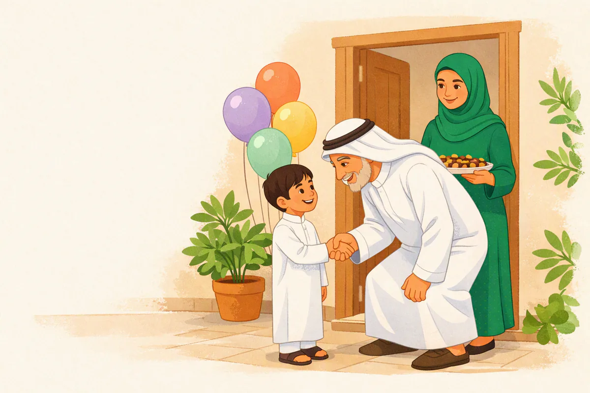 صباح العيد: طفل بثوب جديد يصافح جده عند باب البيت مبتسمًا، وأمه بحجاب أخضر تحمل طبق حلوى خلفهما
