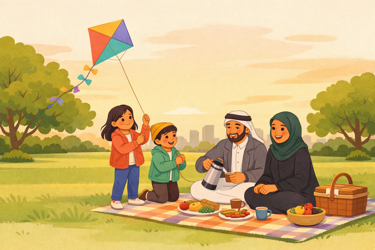 نزهة عائلية مساءً في حديقة عامة في الشتاء: طفلان بسترتين خفيفتين يطيّران طائرة ورقية، والأب يصب الشاي والأم تضحك