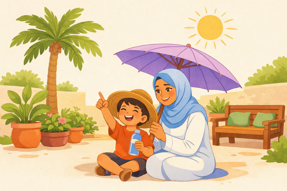 طفل بقبعة شمس يشير إلى الشمس في يوم حار ويحمل قارورة ماء، وأمه بحجاب أزرق فاتح تظلله بمظلة في فناء البيت
