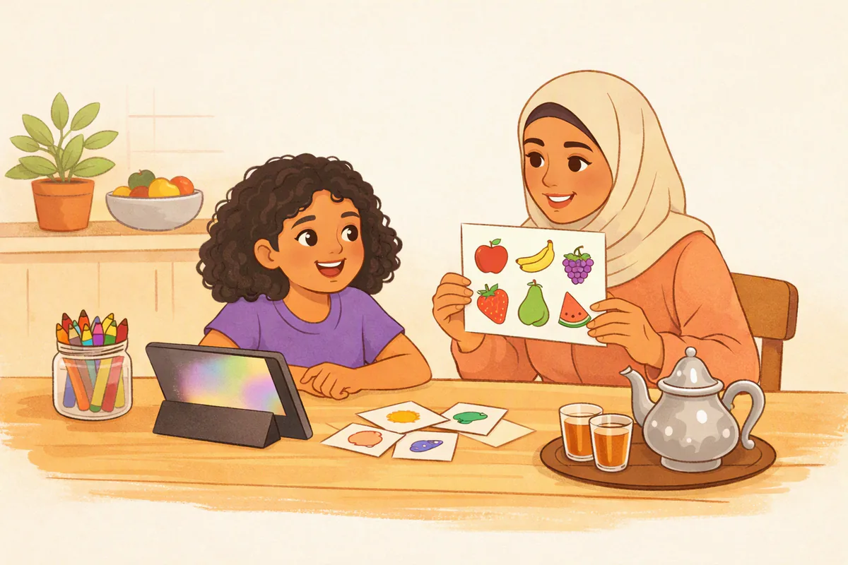 طفلة تتحدث بحماس أمام جهاز لوحي على طاولة المطبخ، وأمها بحجاب بيج ترفع ورقة نشاط مصورة للفواكه، وحولهما أقلام تلوين وبطاقات