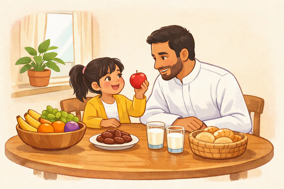 أب سعودي بثوب أبيض يجلس مع ابنته على مائدة الفطور، وهي ترفع تفاحة حمراء وتنطق كلمة وهو يستمع مبتسمًا