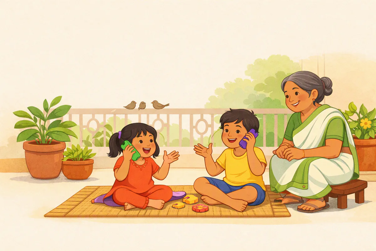 বারান্দায় মাদুরে বসে দুই ভাইবোন খেলনা ফোন হাতে একে অপরের সঙ্গে কথা বলার খেলা খেলছে, পাশে দাদি হাসিমুখে বসে শুনছেন