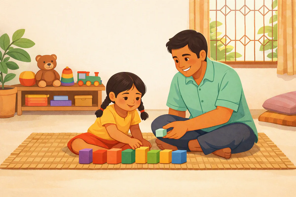 মাদুরে বসে পাঁচ বছরের একটি মেয়ে রঙিন কাঠের ব্লক সাজাচ্ছে, পাশে বসে বাবা একটি ব্লক এগিয়ে দিচ্ছেন