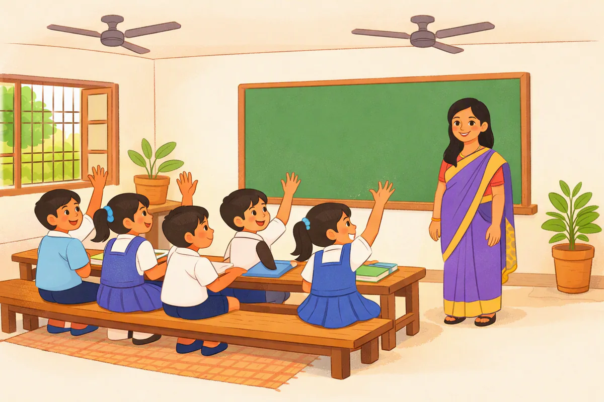 প্রাথমিক স্কুলের ক্লাসরুমে শিক্ষিকা বোর্ডের পাশে দাঁড়িয়ে, বেঞ্চে বসা শিশুরা হাসিমুখে হাত তুলেছে