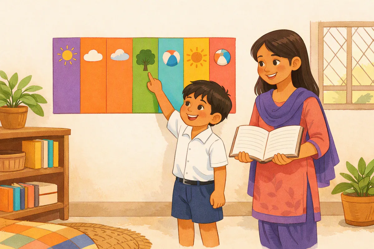 দ্বিতীয় শ্রেণির একটি ছেলে দেয়ালে টাঙানো রঙিন সাপ্তাহিক চার্টের সামনে দাঁড়িয়ে একটি ঘরে আঙুল রাখছে, পাশে বড় বোন খাতা হাতে দেখছে