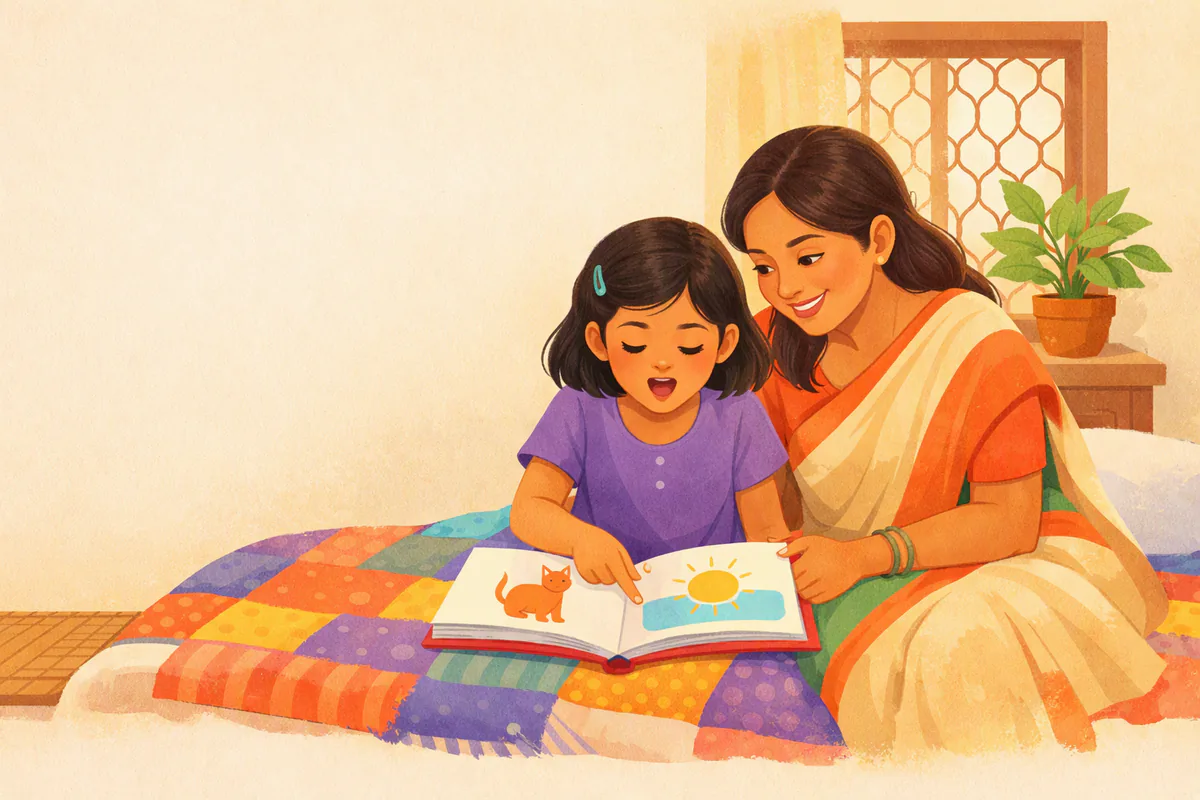 সাত বছরের একটি মেয়ে মায়ের কোলের পাশে বসে আঙুল দিয়ে ছবির বইয়ের লাইন দেখিয়ে জোরে পড়ছে, জানালা দিয়ে বিকেলের আলো আসছে