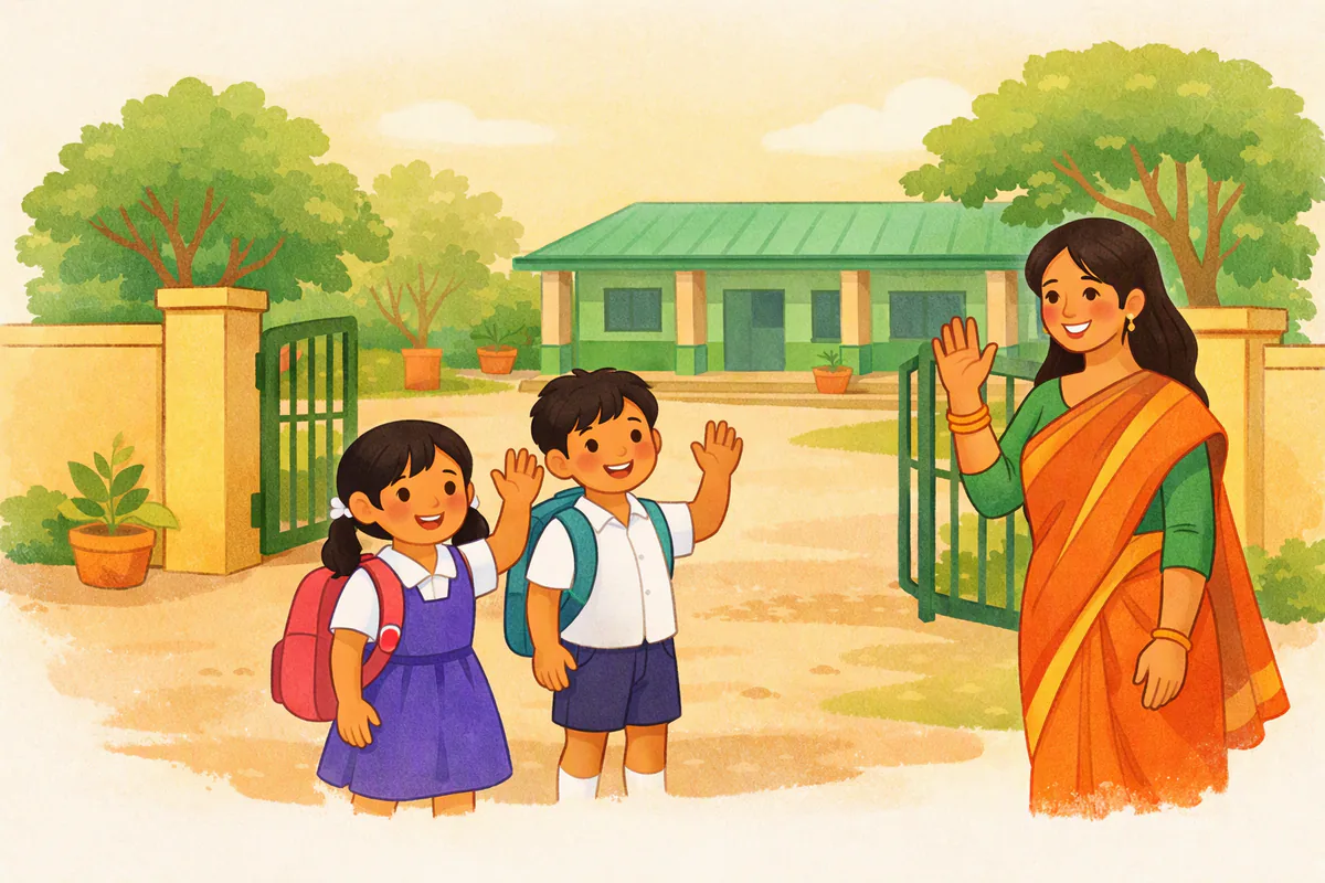 সকালে স্কুলের গেটে ব্যাগ কাঁধে দুটি শিশু হাত নেড়ে শিক্ষিকাকে শুভেচ্ছা জানাচ্ছে, শিক্ষিকা হাসিমুখে হাত নাড়ছেন