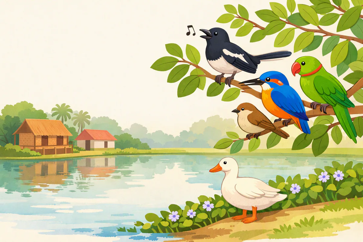 সবুজ গাছের ডালে বসে আছে দোয়েল, মাছরাঙা, টিয়া আর চড়ুই, নিচে পুকুরের পাড়ে একটি হাঁস