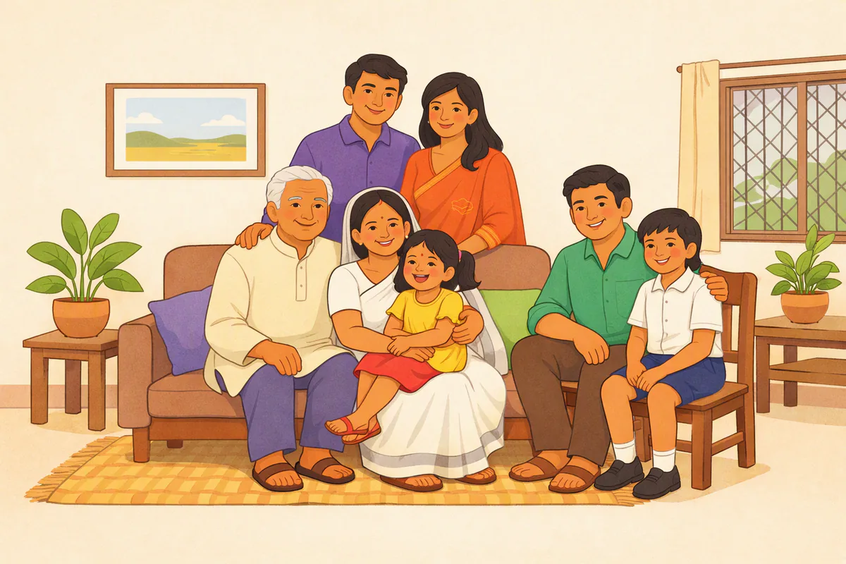 বসার ঘরে একসঙ্গে বসা বড় পরিবার: দাদা-দাদি, মা-বাবা, চাচা আর দুই শিশু; ছোট মেয়েটি দাদির কোলে বসে হাসছে
