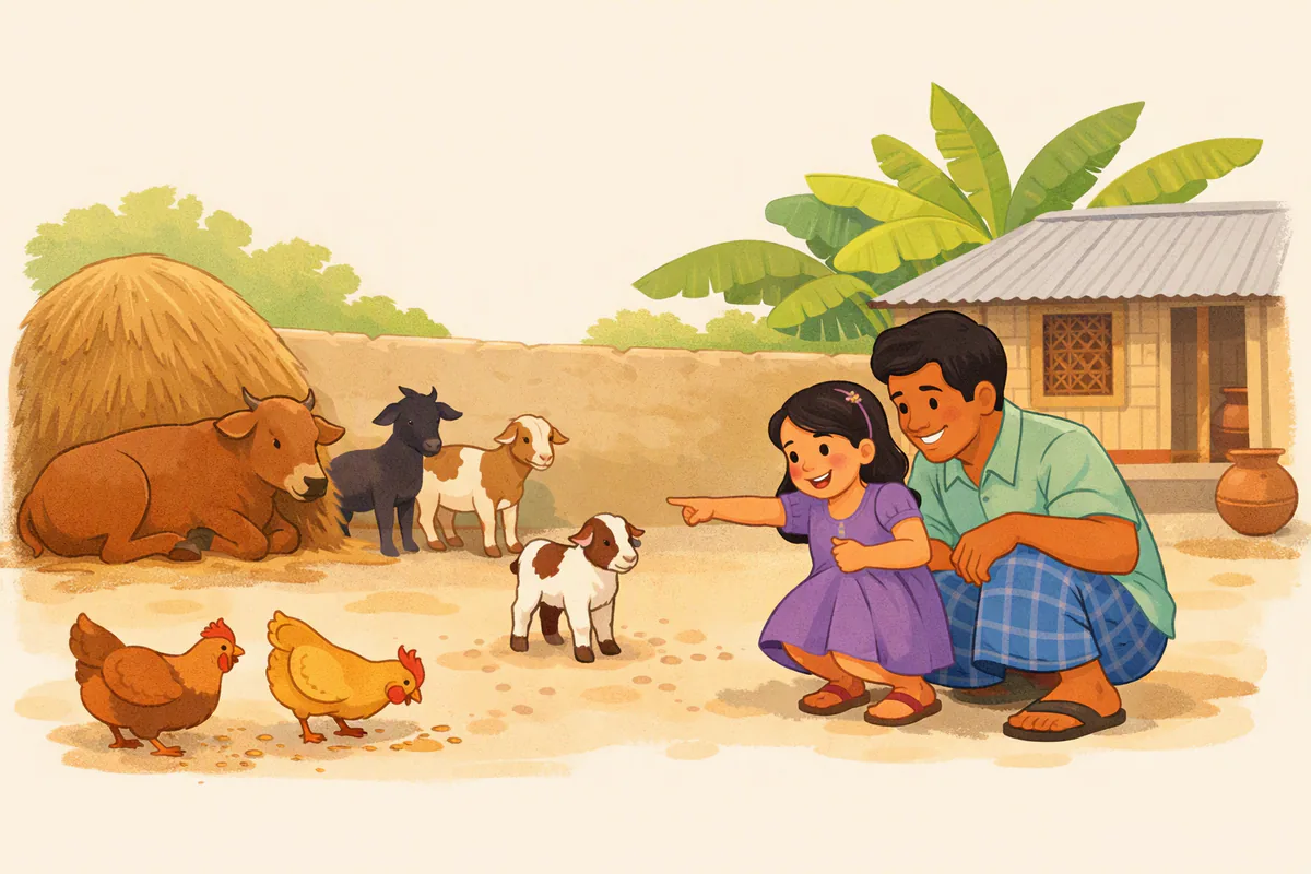 গ্রামের উঠানে গরু, ছাগল আর হাঁস-মুরগির পাশে দাঁড়িয়ে একটি মেয়ে ছাগলছানার দিকে আঙুল দেখাচ্ছে, পাশে তার বাবা