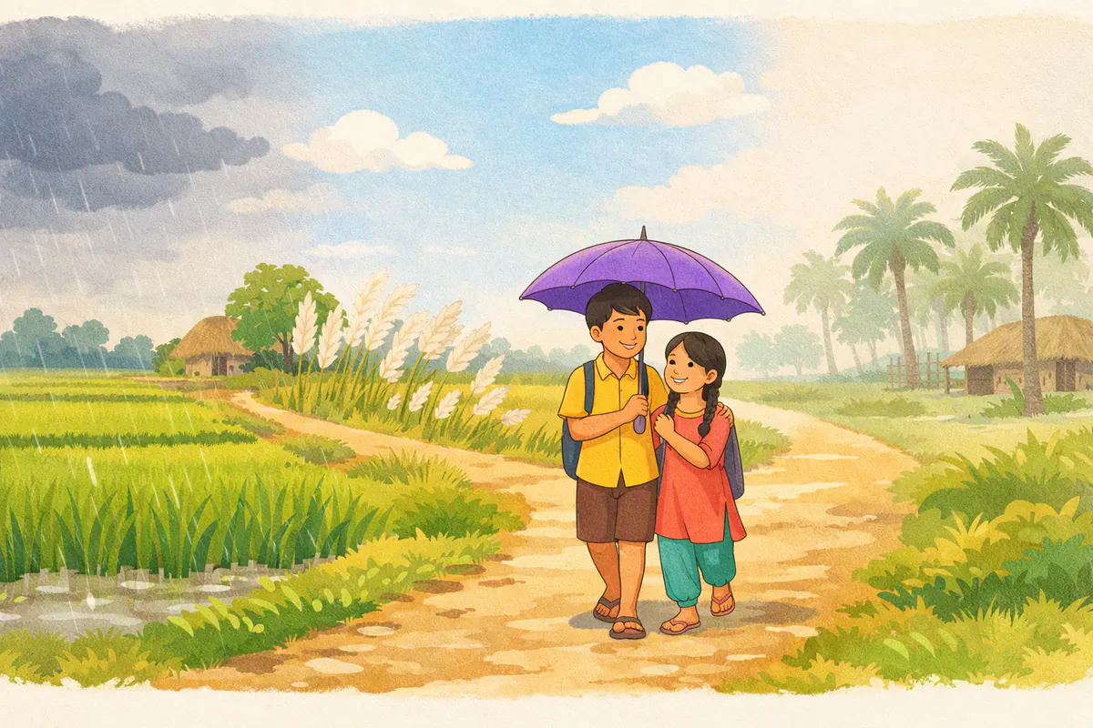 গ্রামের পথে ঋতু বদলের ছবি: এক পাশে বর্ষার মেঘ আর সবুজ ধানখেত, মাঝে শরতের কাশফুল, অন্য পাশে তালগাছ; পথে ছাতা হাতে দুই ভাইবোন