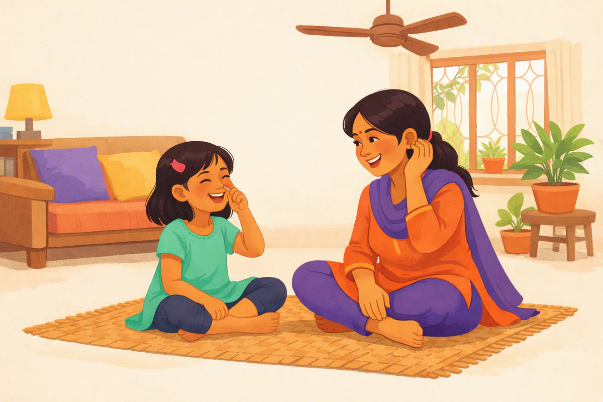 বসার ঘরে মা আর ছয় বছরের মেয়ে মুখোমুখি বসে খেলছে, মেয়েটি এক হাতে নিজের নাক ছুঁয়ে হাসছে