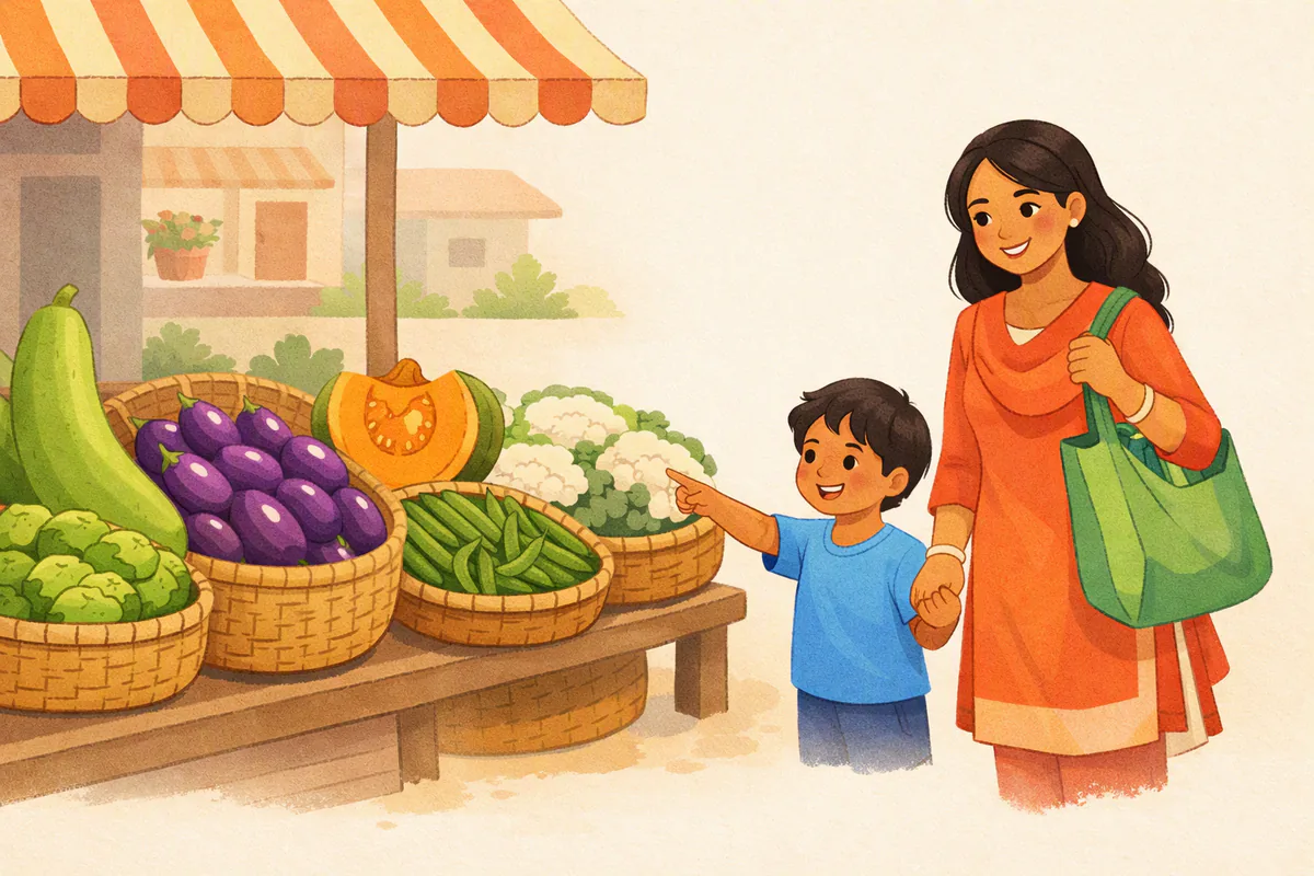 বাজারের ঝুড়িতে লাউ, বেগুন, ঢেঁড়স, মিষ্টিকুমড়া, ফুলকপি আর কাঁচা মরিচ; মায়ের হাত ধরে একটি ছেলে বেগুন দেখাচ্ছে