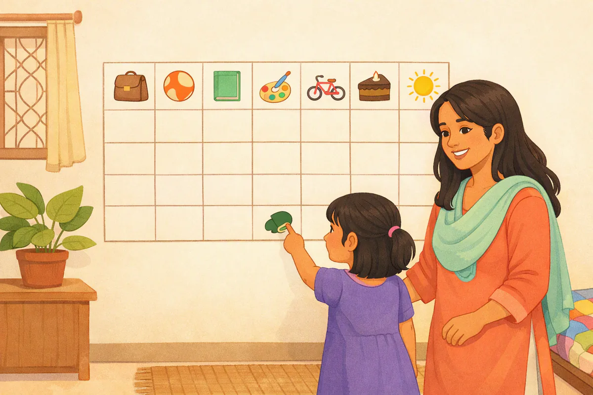 দেয়ালে ছবিওয়ালা সাপ্তাহিক রুটিনের চার্ট, পাশে দাঁড়িয়ে একটি মেয়ে একটি ঘরে আঙুল রেখেছে আর মা হাসিমুখে দেখছেন