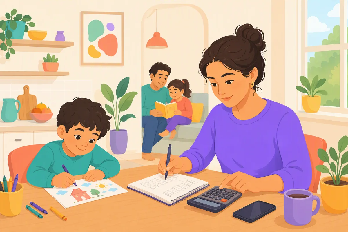 Mutfak masasında hesap makinesi ve not defteriyle aylık bütçe hesabı yapan bir ebeveyn