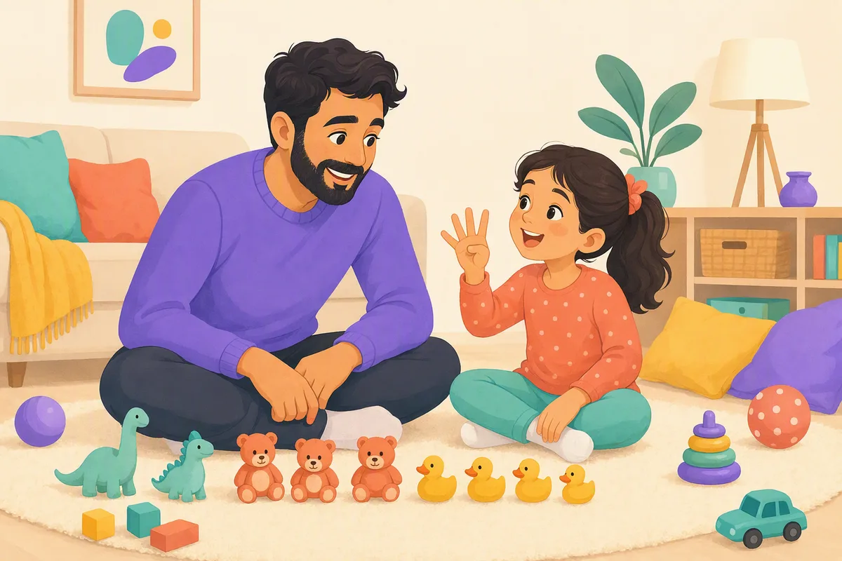 Baba ve sekiz yaşındaki kızı oturma odasında birlikte nesneleri sayıyor, çocuk parmaklarıyla gösterip yüksek sesle söylüyor