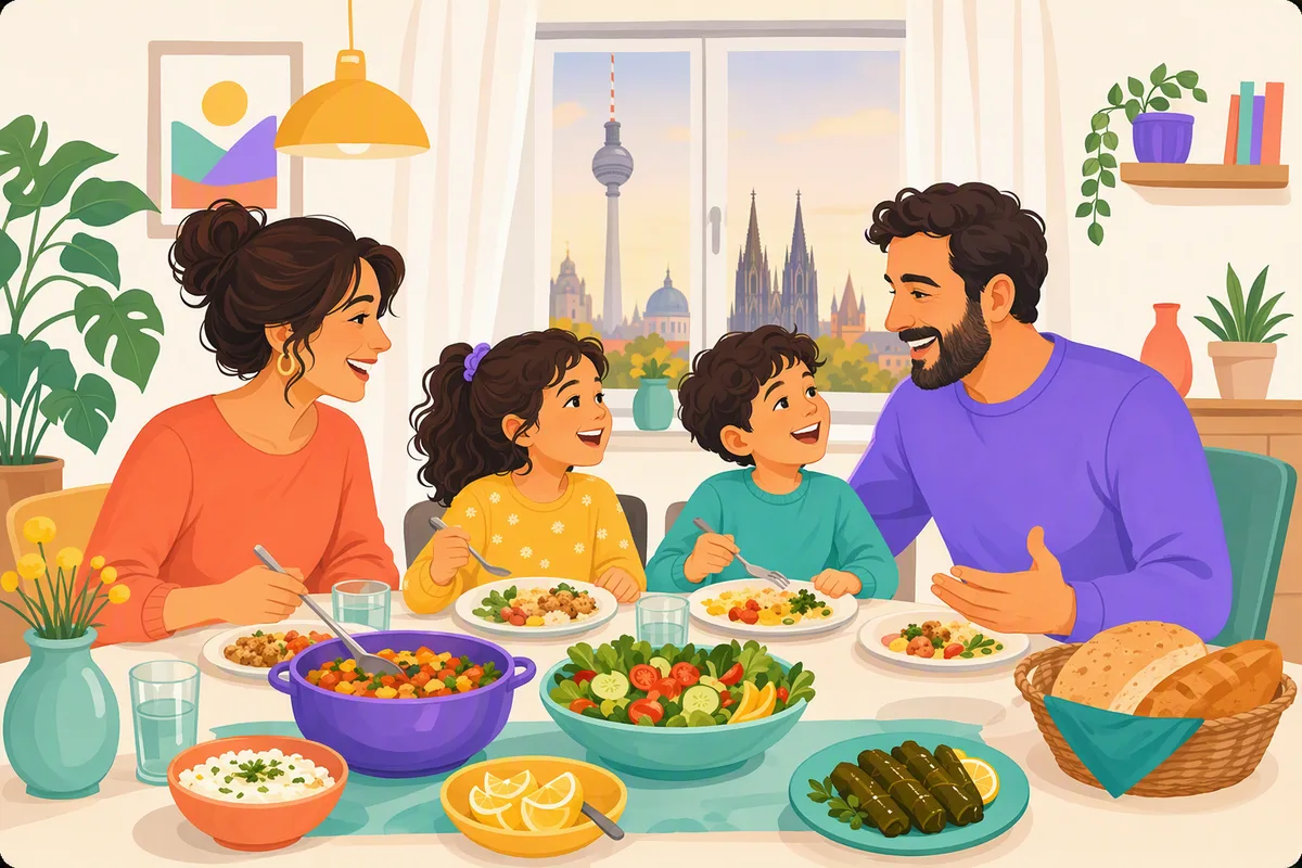 Almanya'da yaşayan bir Türk ailesi akşam yemeği masasında iki çocuğuyla birlikte gülerek sohbet ediyor