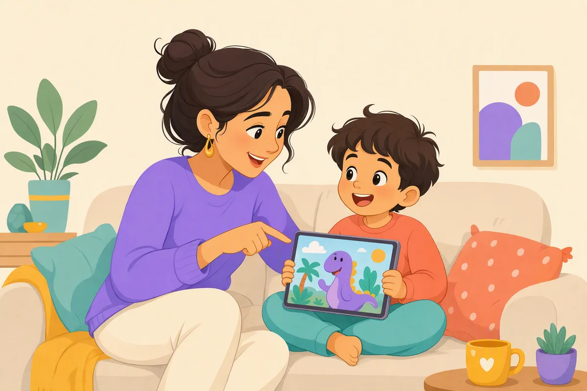 Anne ve çocuğu kanepede yan yana oturmuş tablette İngilizce çizgi film izliyor, anne ekranı işaret ederek bir şey soruyor