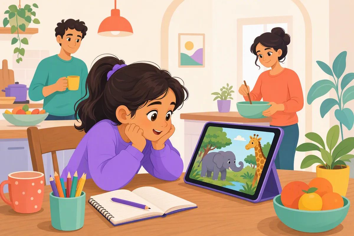 Sekiz yaşında bir çocuk tablette hayvanlarla ilgili İngilizce bir bölüm izliyor, dikkatle ekrana bakıyor ve elinde defteri var