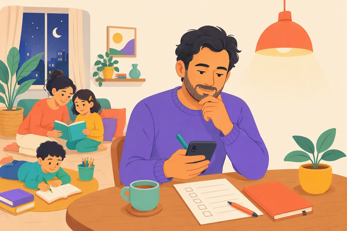 Mutfak masasında telefonuna not alan bir ebeveyn, yanında kahve ve üzerinde işaretler olan bir liste