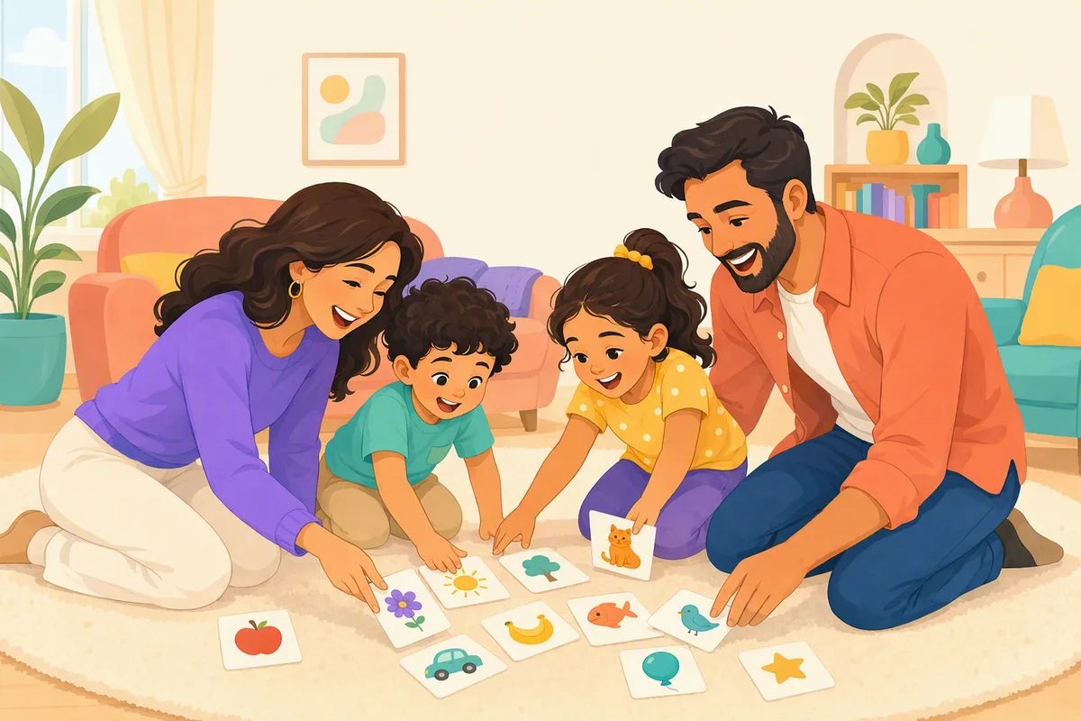 Anne, baba ve iki çocuk oturma odasının halısında resimli kartlarla İngilizce kelime oyunu oynuyor, kartlar yere yayılmış