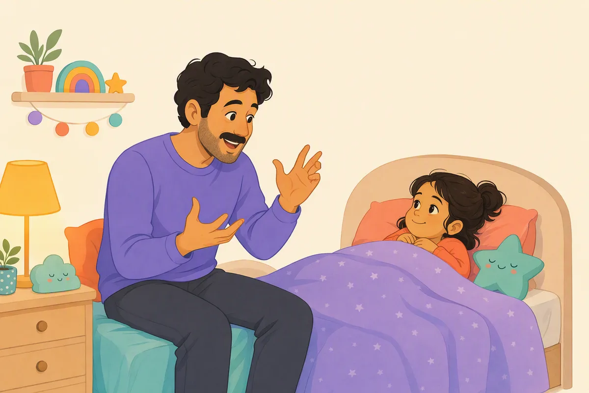 Baba ve çocuğu yatak odasında lambanın ışığında birlikte kısa bir hikâye uyduruyor, çocuk yatakta oturmuş dinliyor
