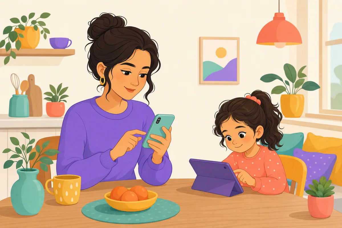 Bir anne telefonunda ekran süresi ve satın alma ayarlarını kontrol ederken çocuğu yanında tabletle oynuyor