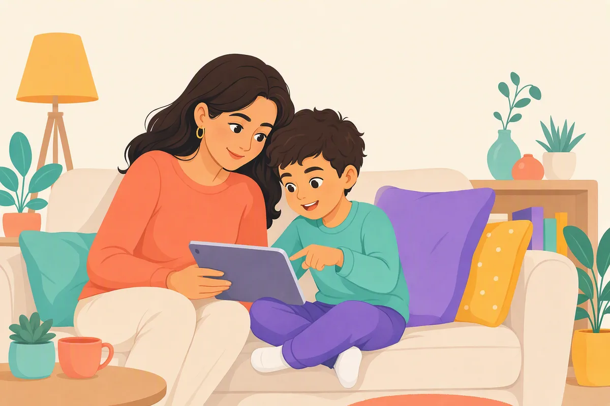 Anne ve ilkokul çağındaki çocuğu kanepede birlikte tablete bakıyor, çocuk ekrandaki bir şeyi işaret ediyor