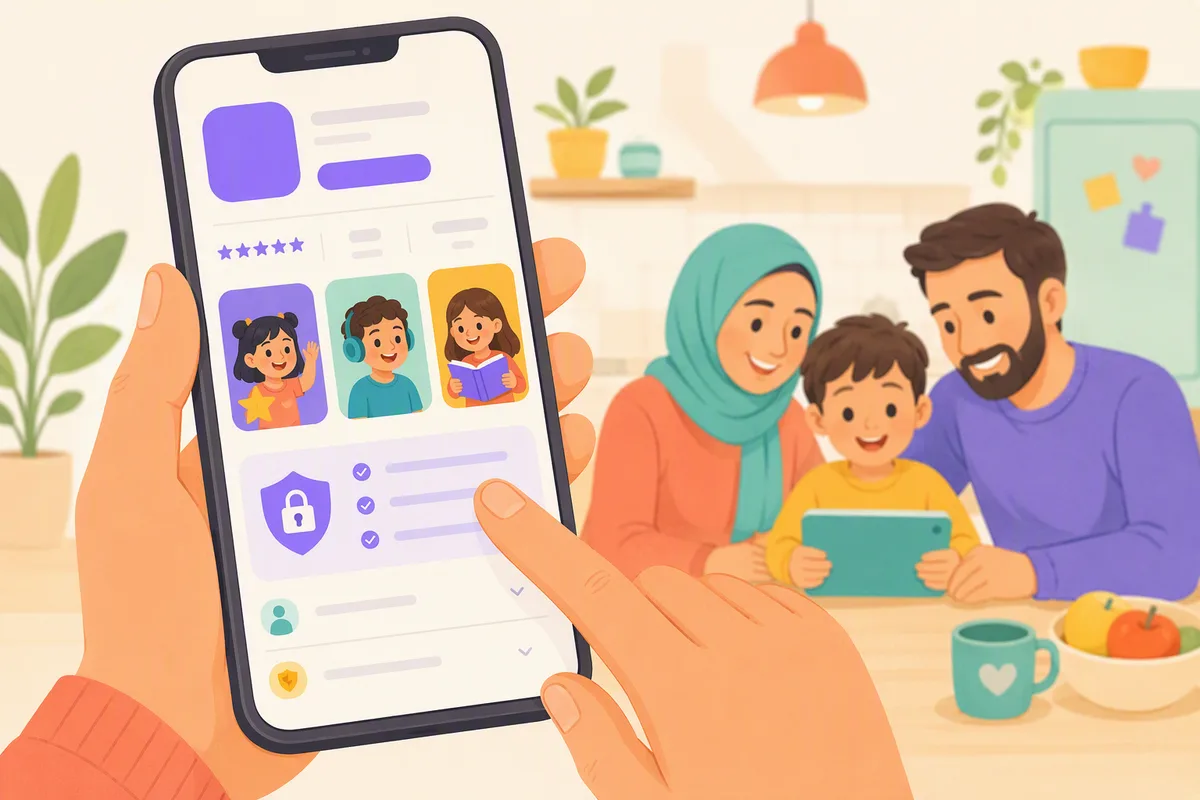 Telefon ekranında bir uygulama mağazası sayfasını yakından inceleyen ebeveyn eli, parmağı gizlilik bölümünün üzerinde