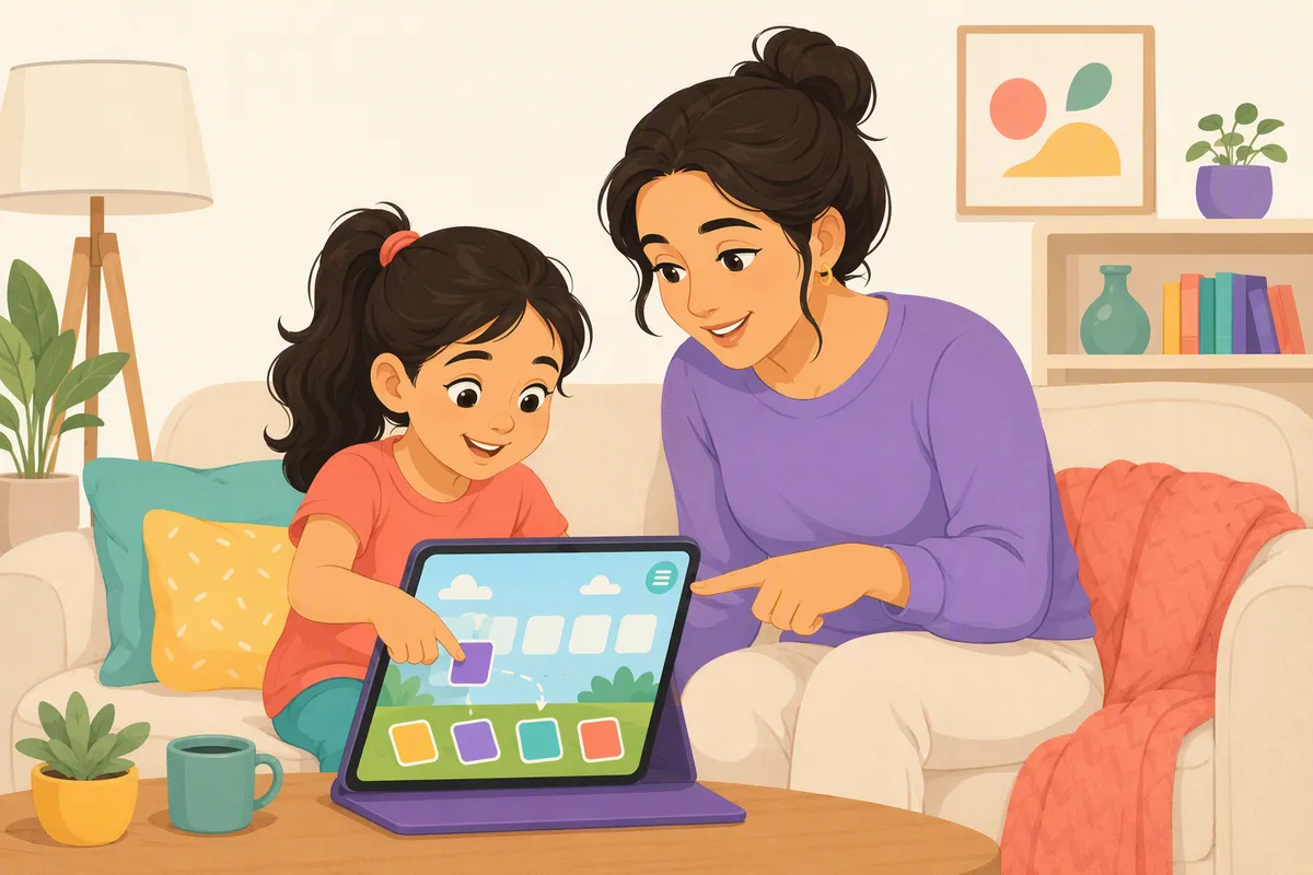 Altı yaşındaki çocuk tablette bir okuma oyununda harfleri sürüklüyor, annesi yanında oturmuş İngilizce menüyü göstererek yardım ediyor