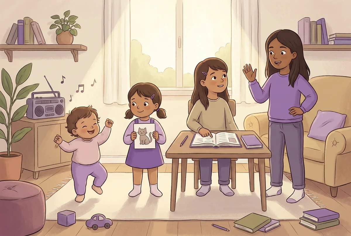 Vier Kinder unterschiedlichen Alters in einer gemeinsamen Familienszene: das jüngste tanzt zu Musik, das nächste hält eine Bildkarte mit einer Katze, das dritte zeigt auf ein Schulbuch, das älteste spricht selbstbewusst mit erhobener Hand