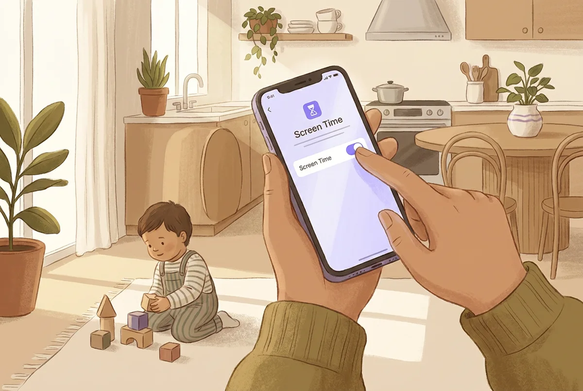 Nahaufnahme einer Hand, die auf einem Smartphone in der Küche eine Einstellung für Bildschirmzeit anpasst, im Hintergrund spielt unscharf ein Kind
