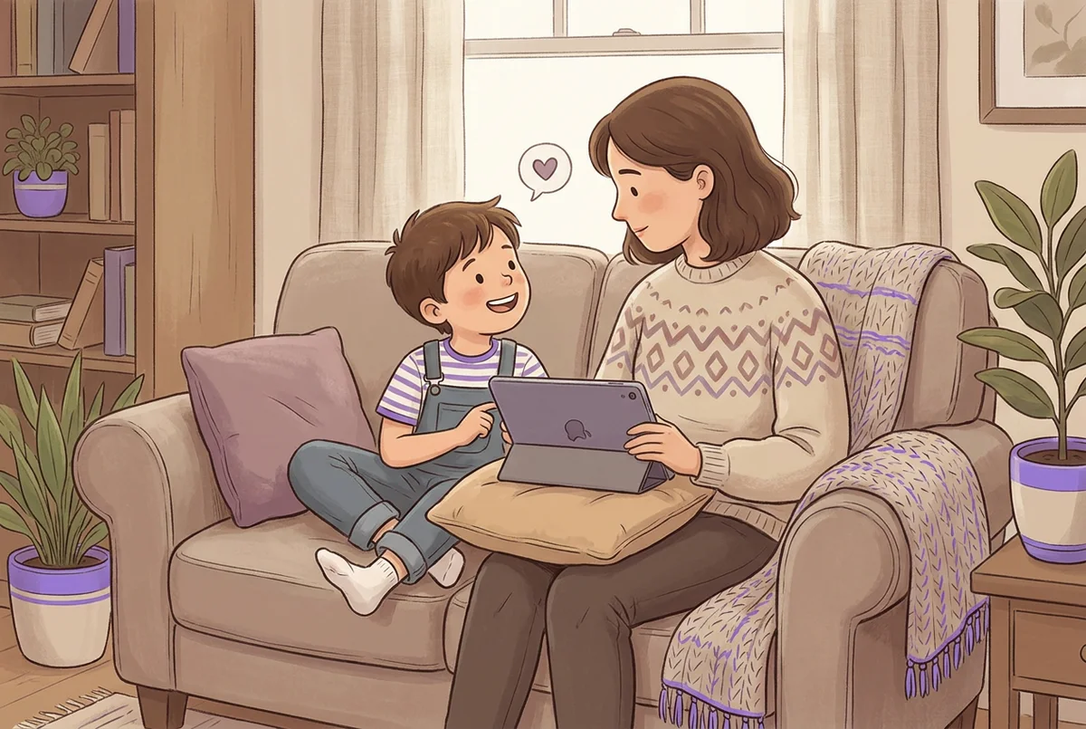 Mutter und siebenjähriges Kind sitzen zusammen auf dem Sofa und schauen auf ein Tablet, das Kind spricht ein Wort laut nach