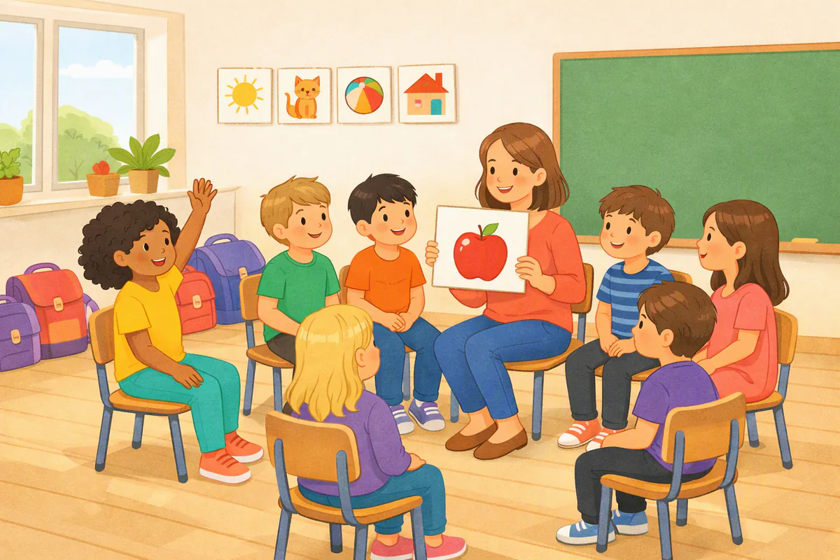 Grundschulklasse in Deutschland: Kinder sitzen im Stuhlkreis, eine Lehrerin hält eine Bildkarte mit einem roten Apfel hoch, ein Mädchen meldet sich