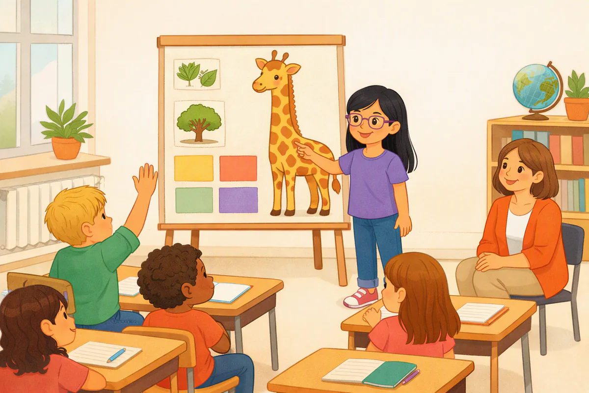 Ein Mädchen der 4. Klasse stellt vor der Klasse ihr Plakat über eine Giraffe vor, ein Junge meldet sich