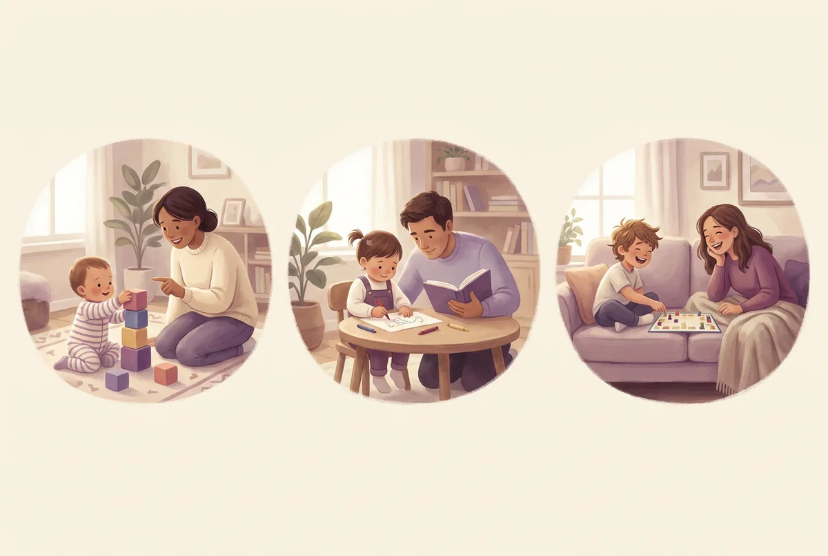 Three children of different ages, a preschooler, a young grade-schooler, and an older child, each doing an age-appropriate activity with a parent nearby