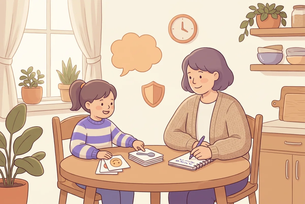 A parent and child at a kitchen table looking at picture cards together, with simple icons for time, safety and conversation floating nearby