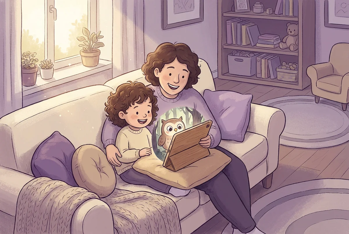 A parent and a young child sitting together on a couch, smiling at a tablet screen