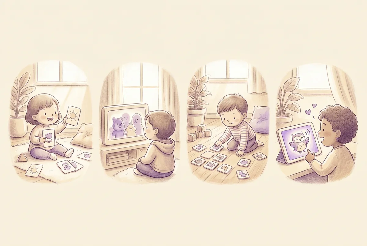Four small scenes side by side: a child with flashcards, a child watching a cartoon, a child playing a matching game, and a child speaking into a tablet with a cartoon owl responding