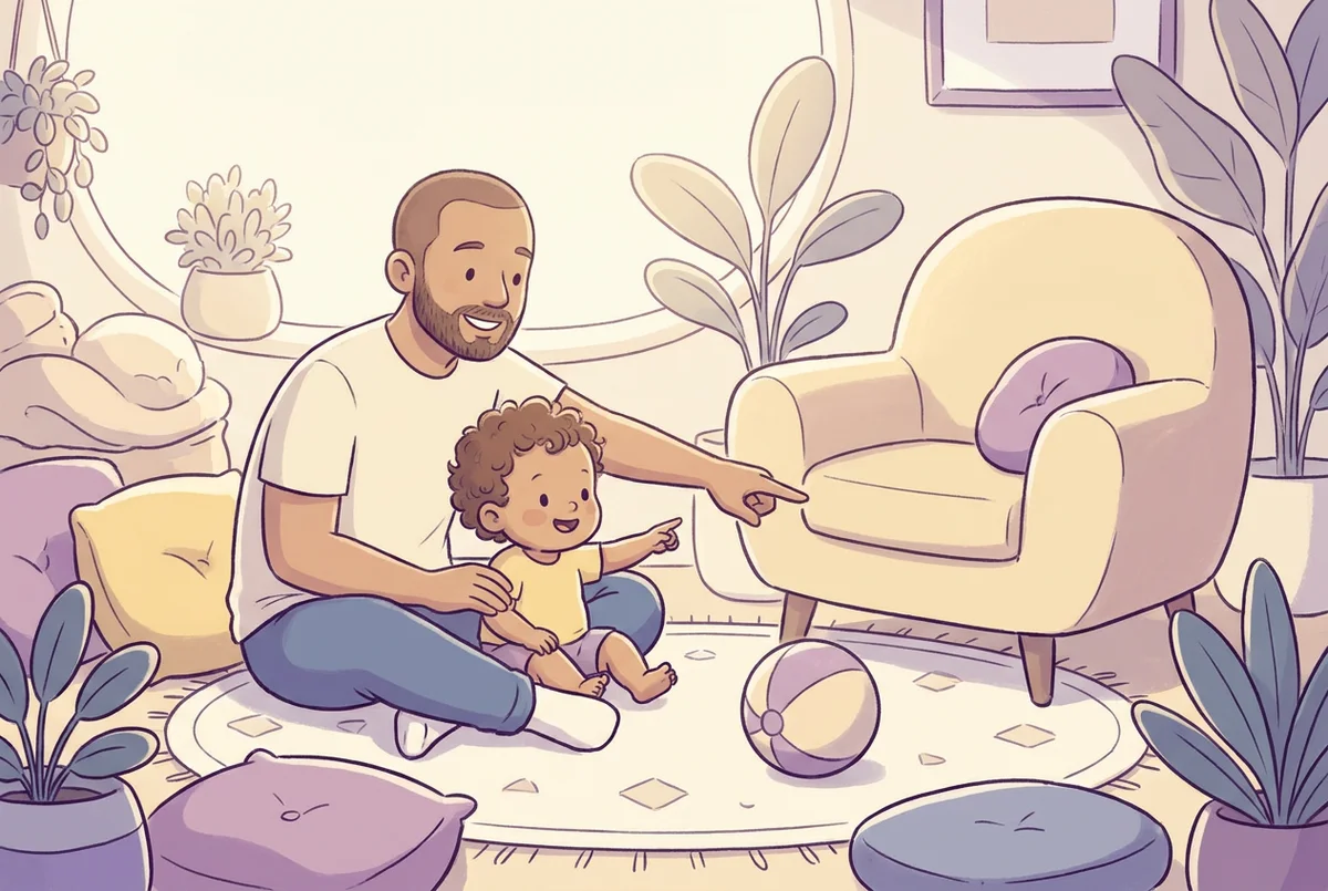 A parent and a young child sitting on the floor at home, pointing at colorful objects together
