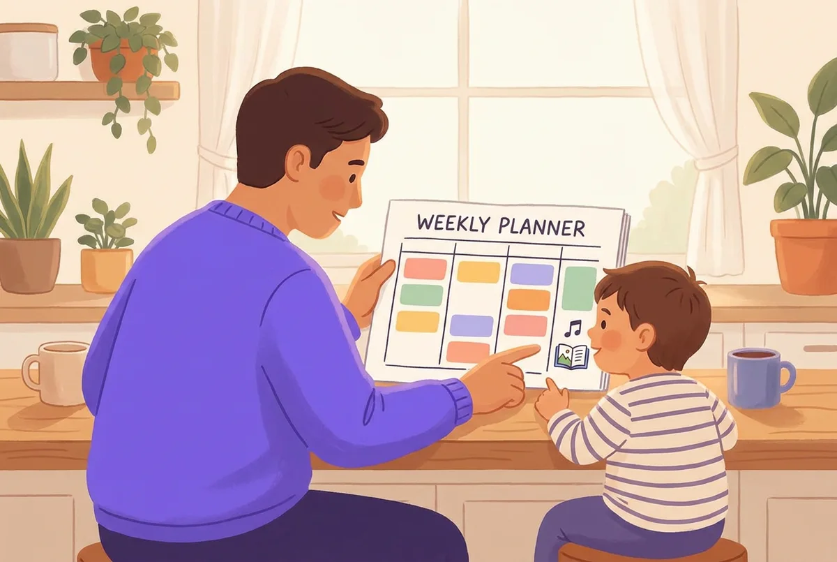 A parent and child at a kitchen counter with a colorful weekly planner and a picture book nearby