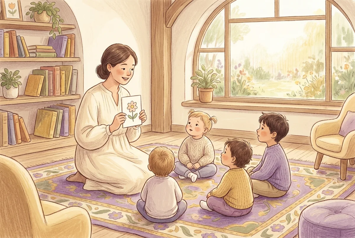 A small group of young children sitting on a classroom rug listening to a teacher holding up a picture card