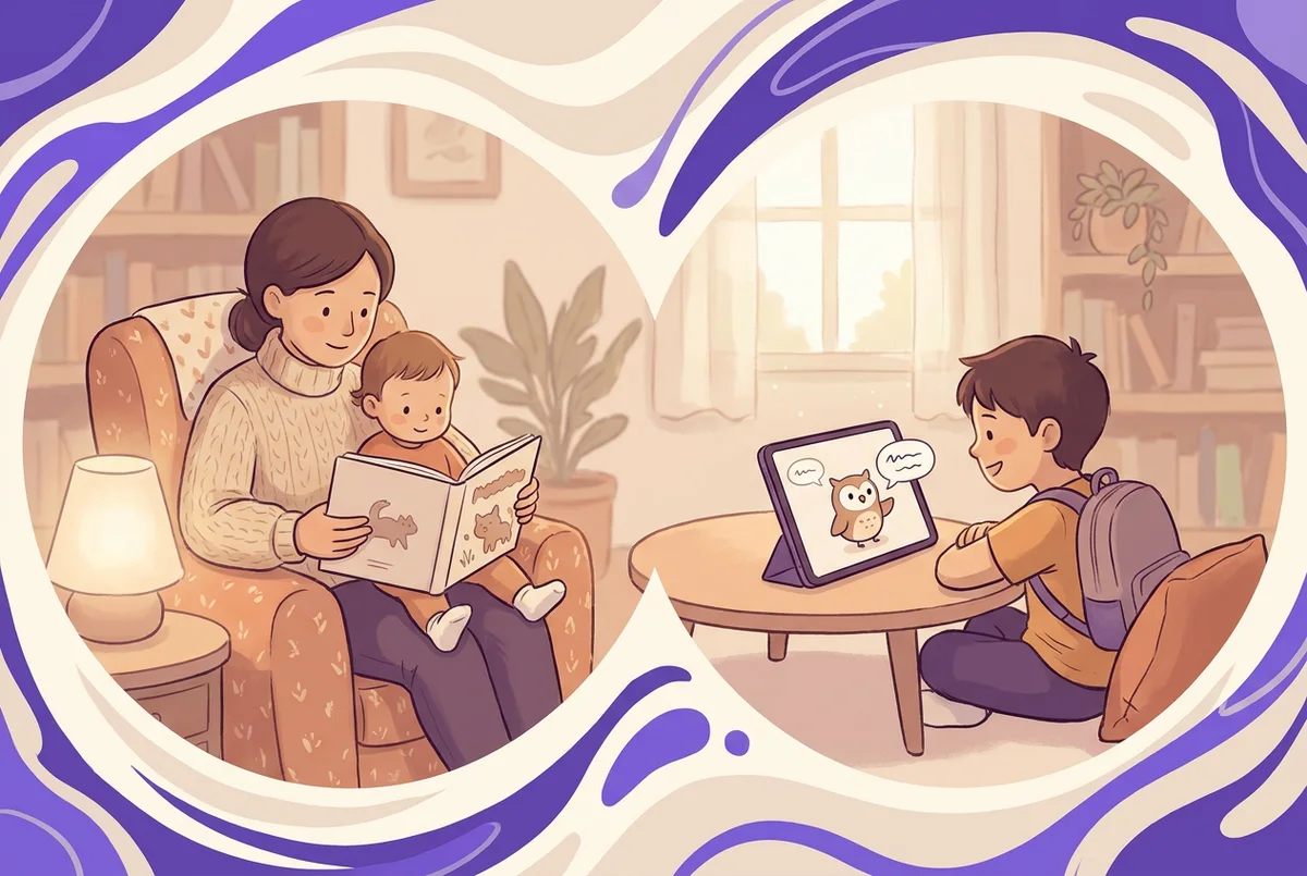 A toddler being read a picture book on a parent's lap next to an older child speaking into a tablet with a small cartoon owl responding