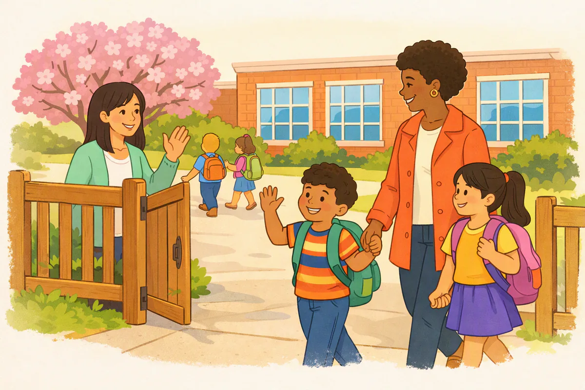 A mother walks her son and daughter, both with backpacks, to the gate of an elementary school in the morning as the boy waves to a teacher who greets them