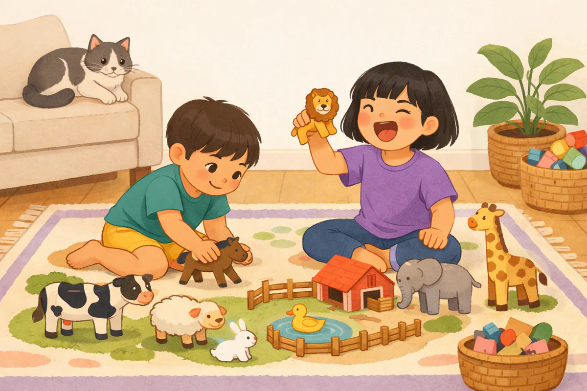 A girl roars with a toy lion while her little brother gallops a toy horse among wooden farm and zoo animals