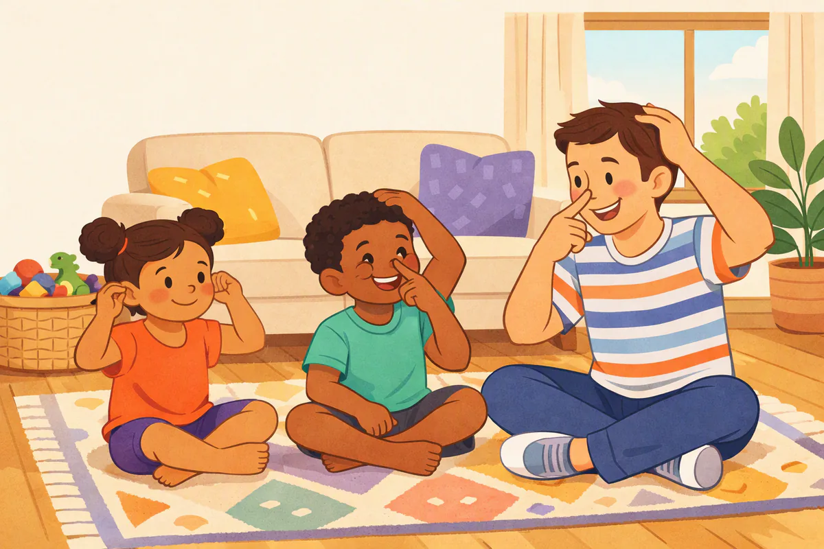 A father plays Simon says with his two children; they touch their noses and ears and laugh