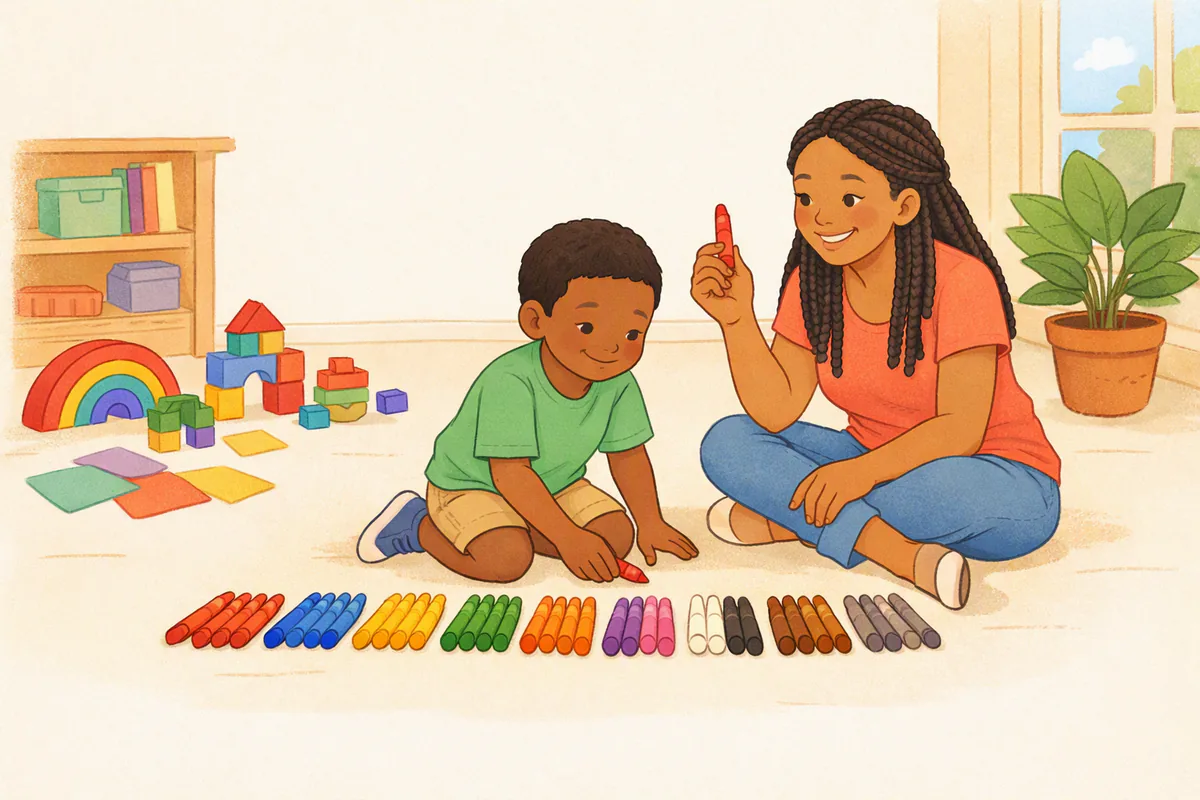 A boy sorts crayons by color on the playroom floor while his mother holds up a red one