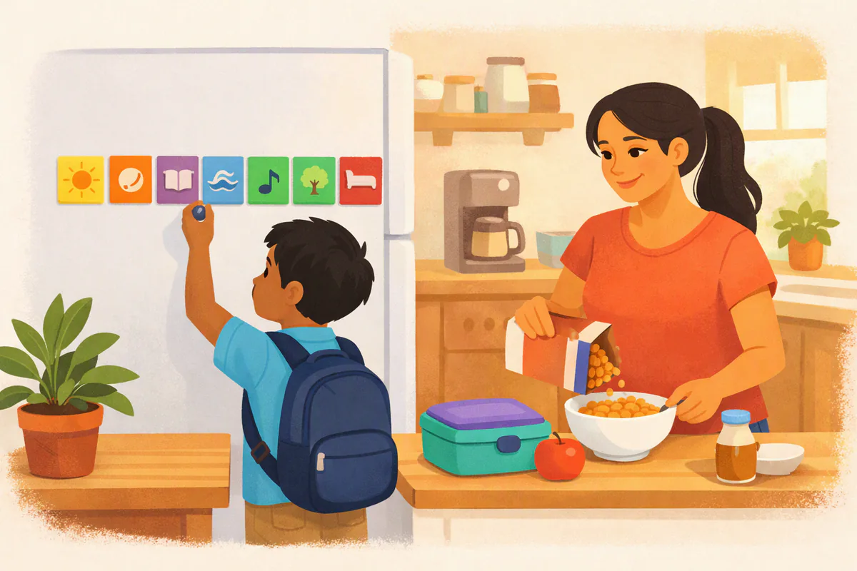 A boy in his school clothes moves a magnet on a weekly picture chart on the fridge while his mother makes breakfast