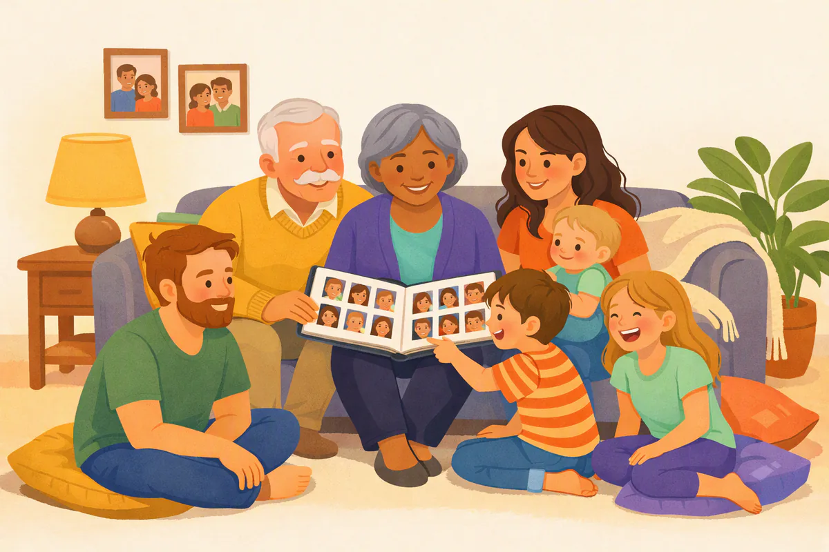 Three generations of a family look at a photo album together on the sofa; a boy points at a picture
