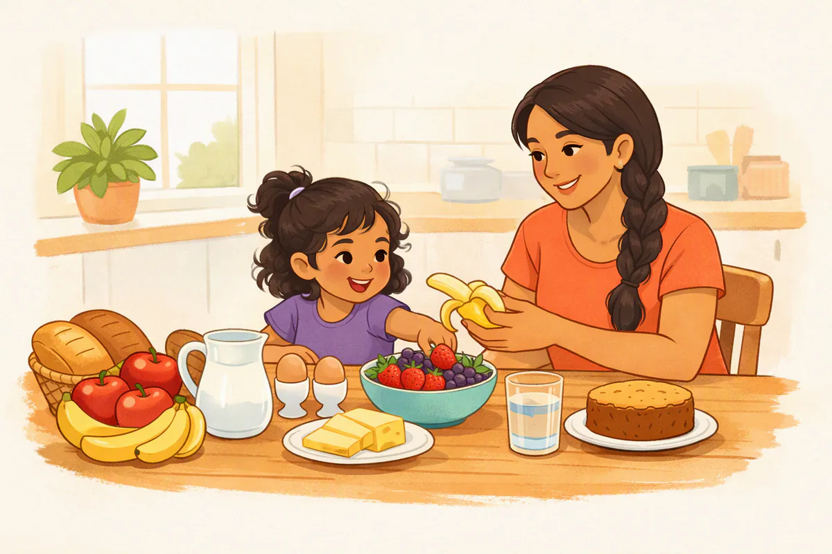 A mother hands her young daughter a banana at a breakfast table full of fruit, bread, milk, eggs and cheese